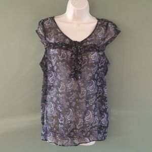Sheer Paisley Flutter Sleeve Button Ruffle Front Elastic Waist Top Sz L Reitmans